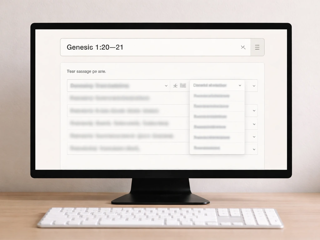 Minimal monitor view suggesting a BibleGateway passage lookup for Genesis 1:20–21 across translations.