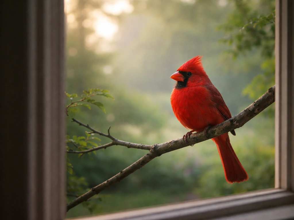 Bright red cardinal perched on a branch outside a home window in soft dawn light.