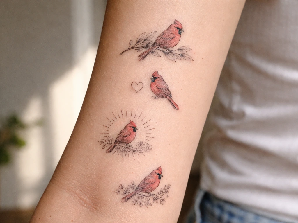 Close-up of several small cardinal bird tattoo motifs on skin: memorial leaves, heart, sunburst, and flowers.