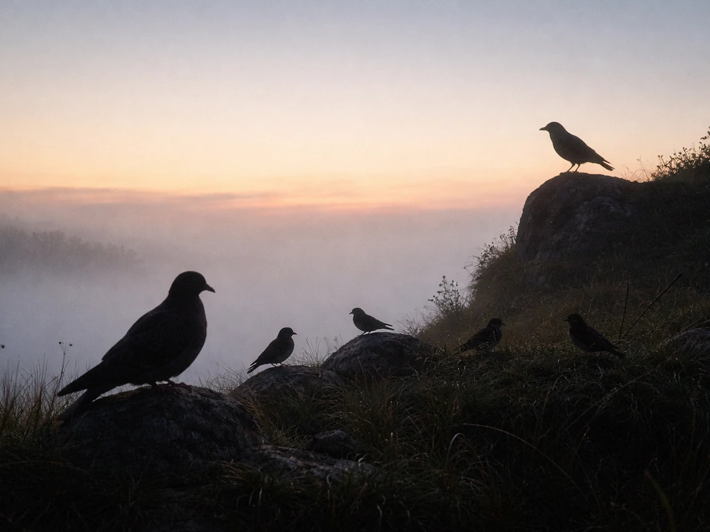 Dawn on a quiet hillside with silhouetted dove, sparrows, and a raven perched in soft mist.