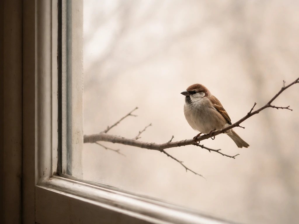 A small sparrow perched on a simple branch beside a quiet window, symbolizing birds in scripture