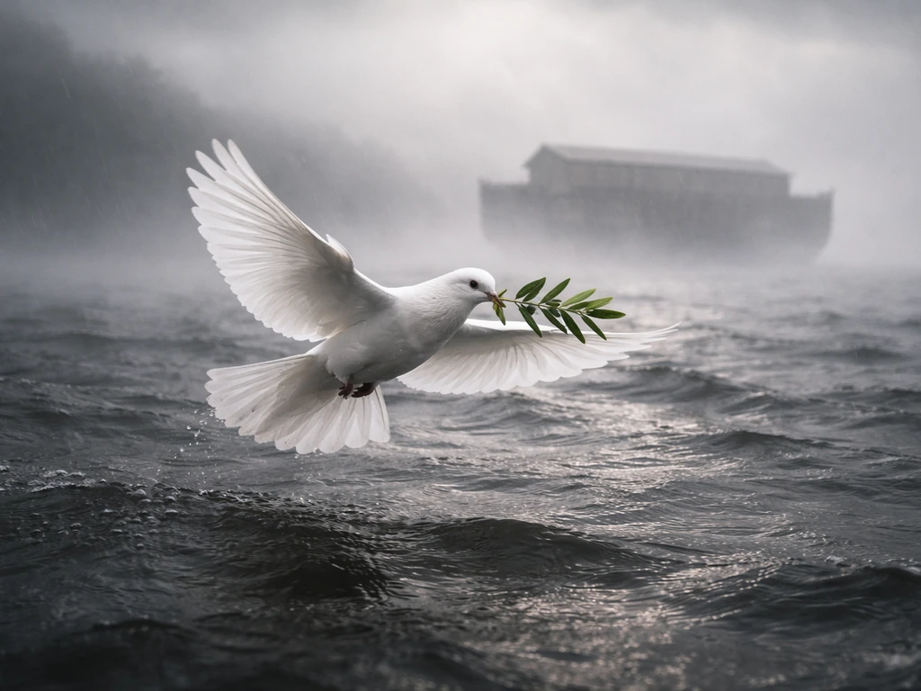 A dove in flight carrying an olive branch over stormy waters, symbolizing renewal after a flood.