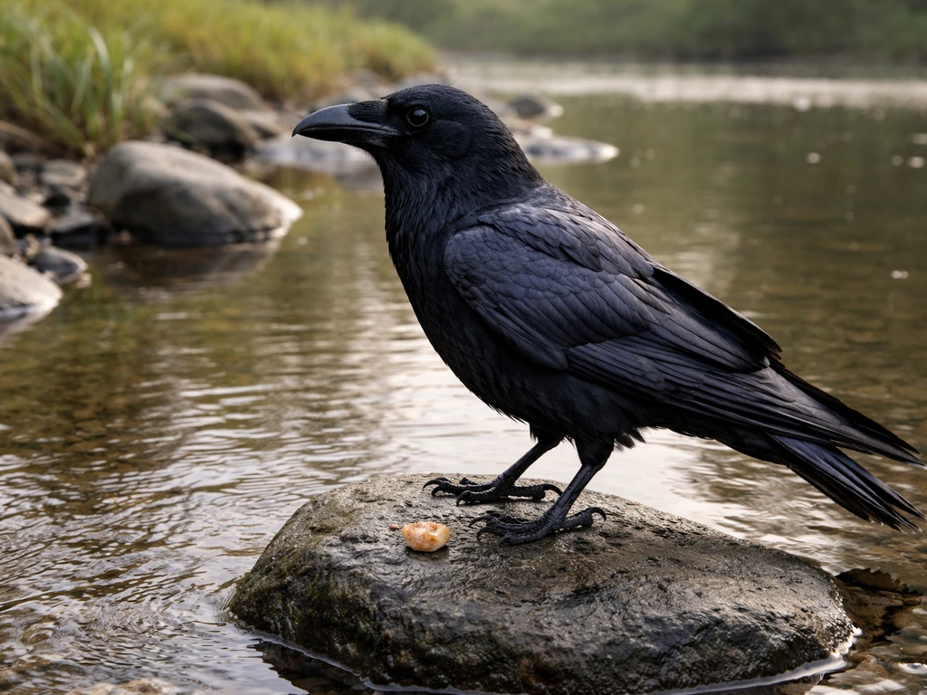 A black raven perched on a wet stone beside a calm stream, alert and ready to feed.