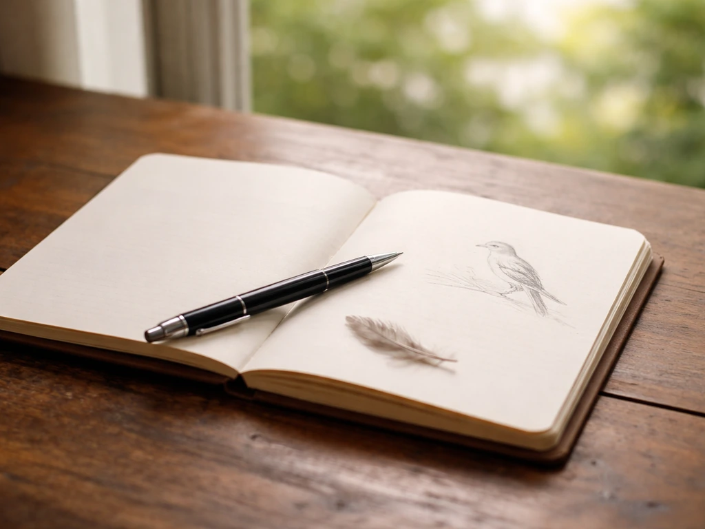Open notebook journal with pen and a pressed feather beside it near a window with blurred birds outside.