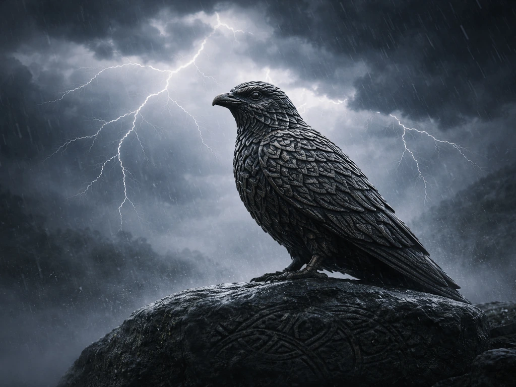 Wingless Celtic-inspired bird under a dramatic thunderstorm with lightning and subtle knot motifs in the background.