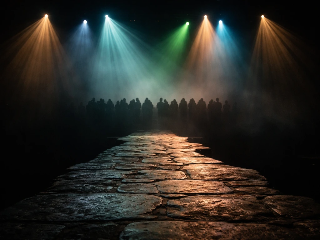 Dramatic stage with stone pathway, light haze, and distant choir-like silhouettes under spotlights.