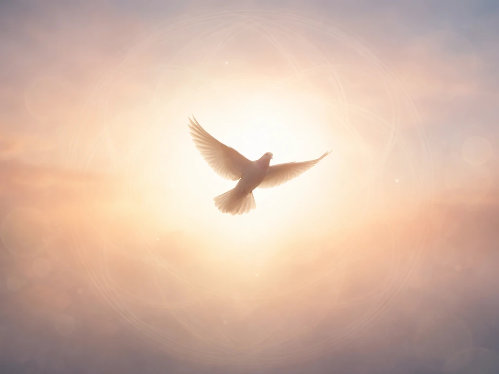 A bird in flight at dawn with subtle abstract Celtic and Christian spiritual cues in the background.