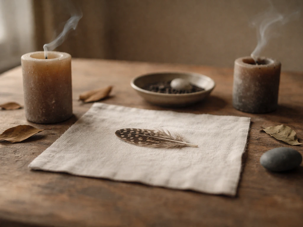 A feather on a cloth beside rough candles, stones, and dried leaves in a minimal grounding ritual setup.