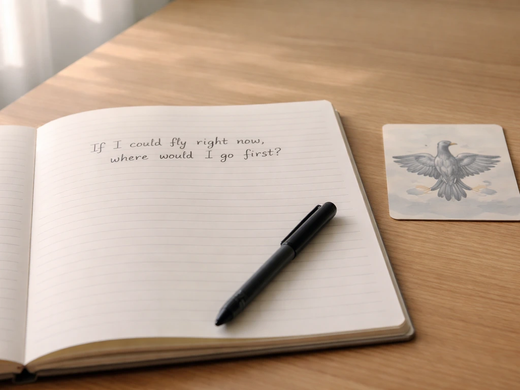 Open journal page with a handwritten journaling question, pen resting nearby, and a small calming bird card.