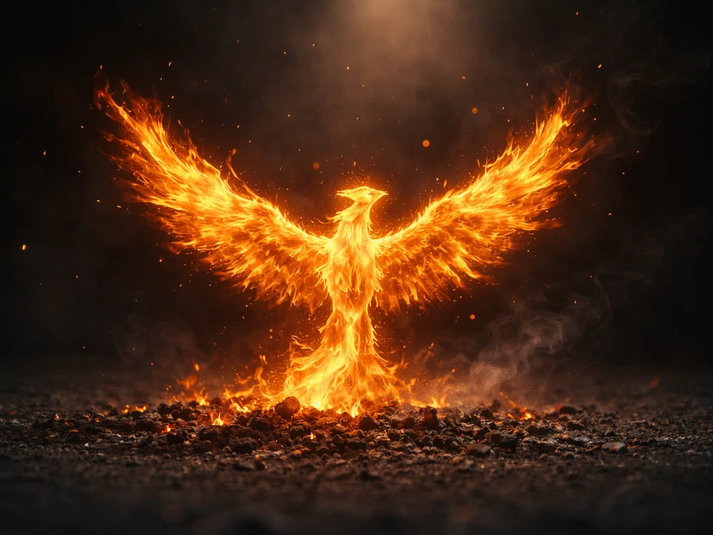 A glowing golden-orange phoenix rises from ash with warm flames against a dark, hopeful background.