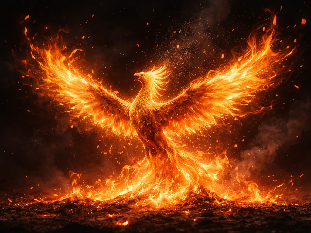Mythic phoenix engulfed in fire, rising from glowing embers and swirling ashes.