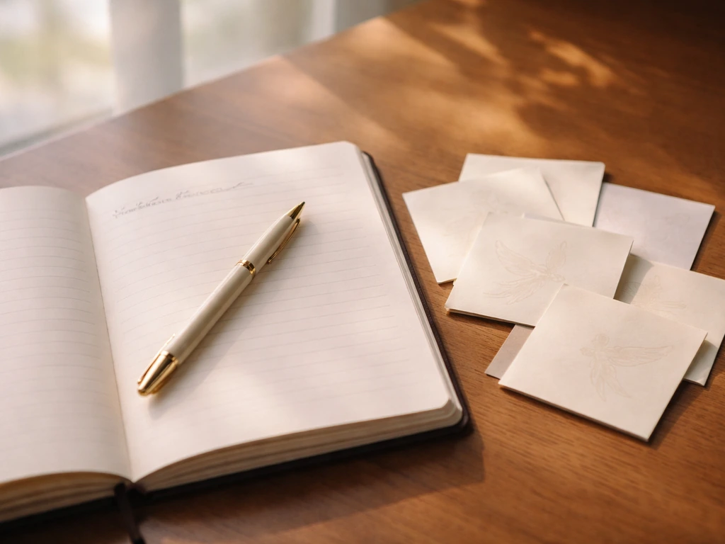 Open journal with a pen and phoenix prompt cards on a wooden desk in natural morning light.