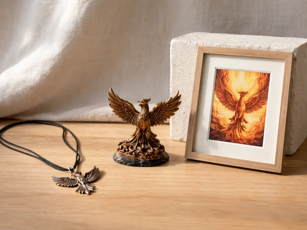 Tabletop still life with small phoenix pendant, figurine, and framed phoenix art arranged for choosing.