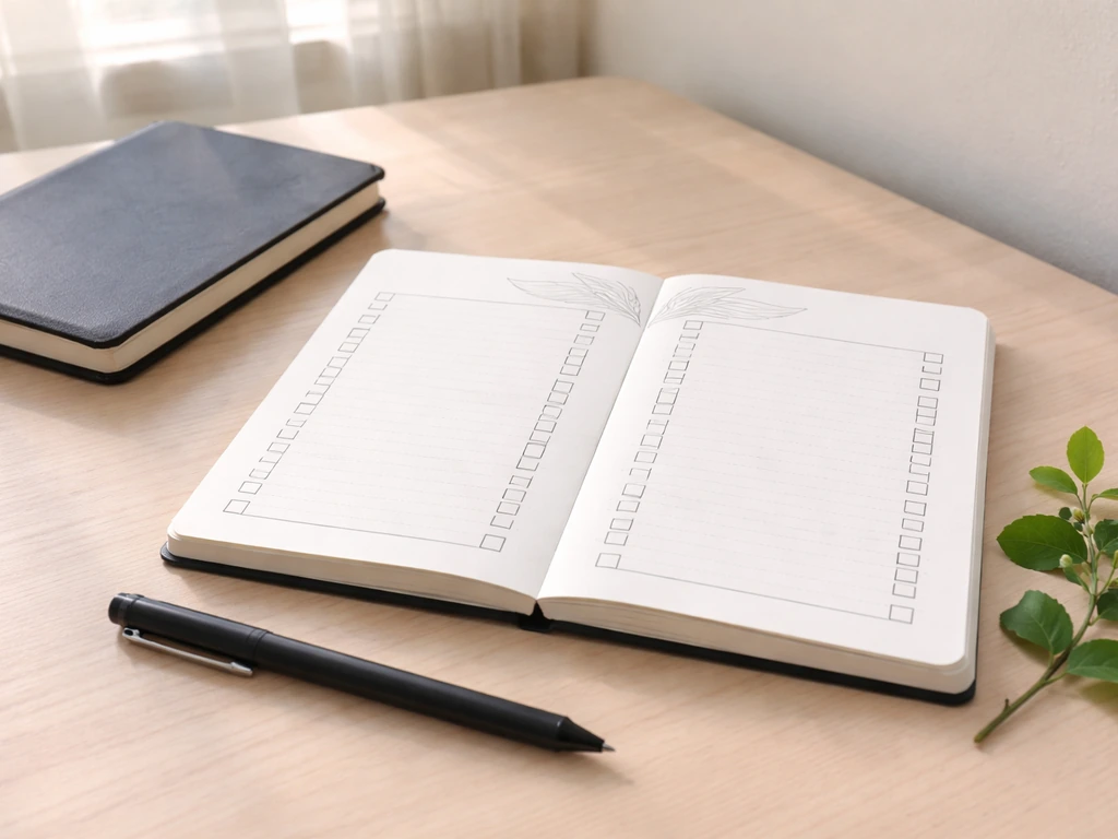 Minimal desk scene with an open planner page showing two blank checklists and phoenix-inspired line art.