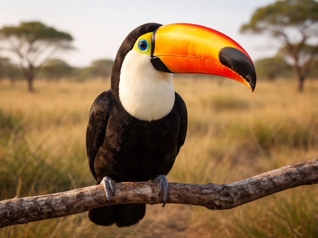 Close-up of a toco toucan perched in open savanna, showing its large orange-yellow-black bill and cream plumage