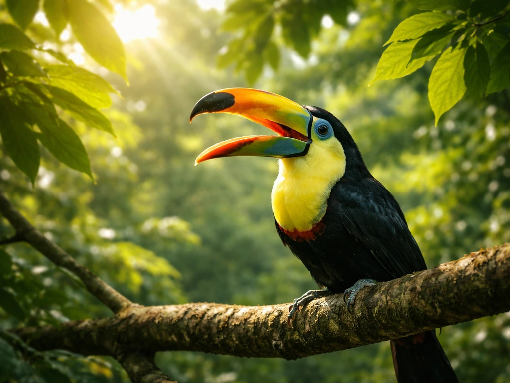 A toucan perched in tropical tree canopy with beak open, appearing to call and be visibly seen.