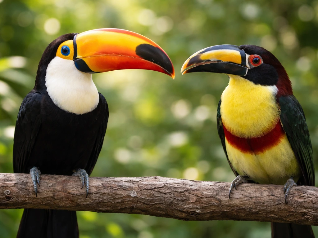 Two tropical birds, including a toucan, perched side by side on a wooden branch in soft green foliage.