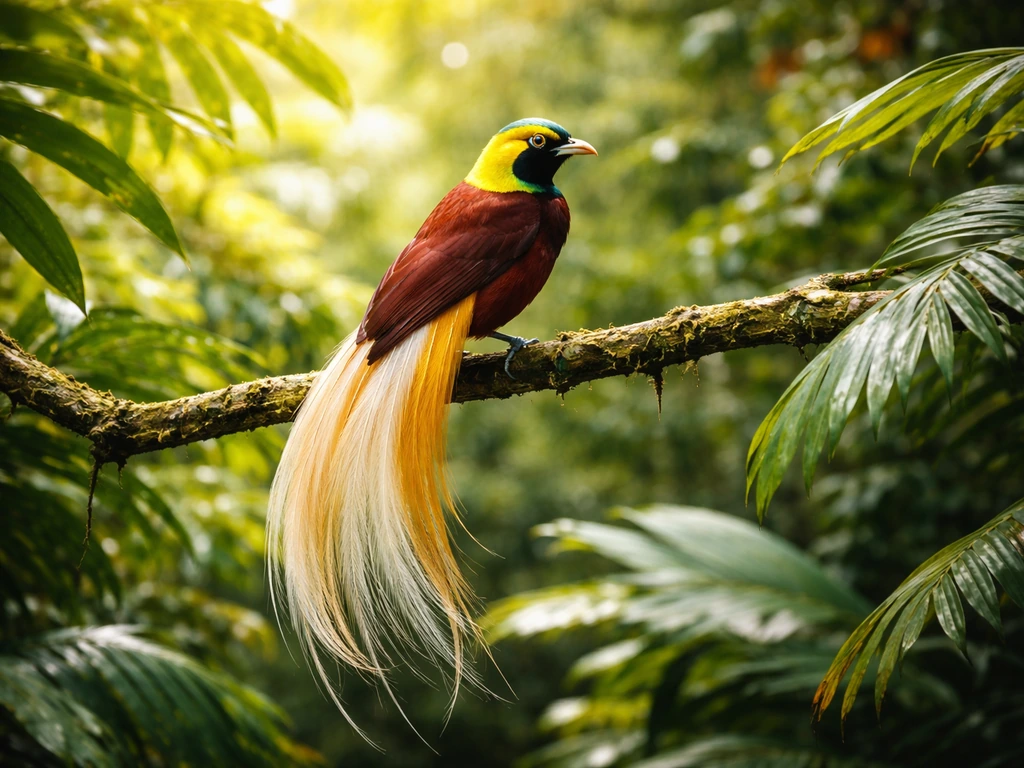 Luminous bird-of-paradise perched among vibrant New Guinea–style foliage, symbolizing joy and freedom.