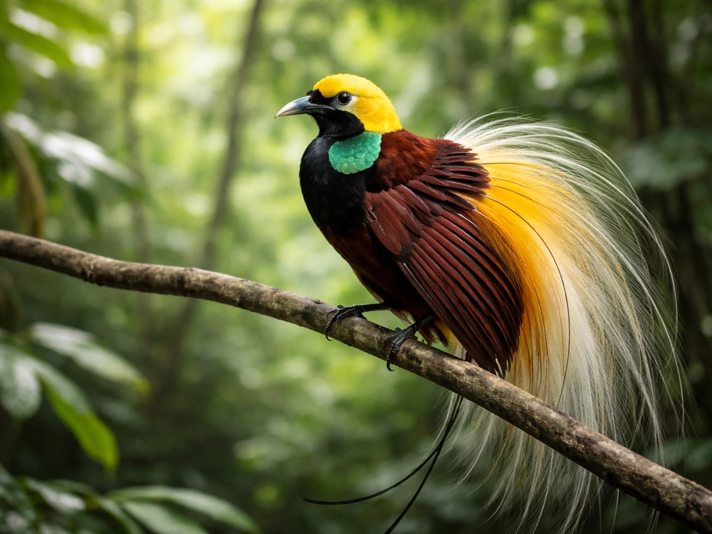Male bird of paradise with iridescent display feathers perched on a branch in a tropical rainforest.
