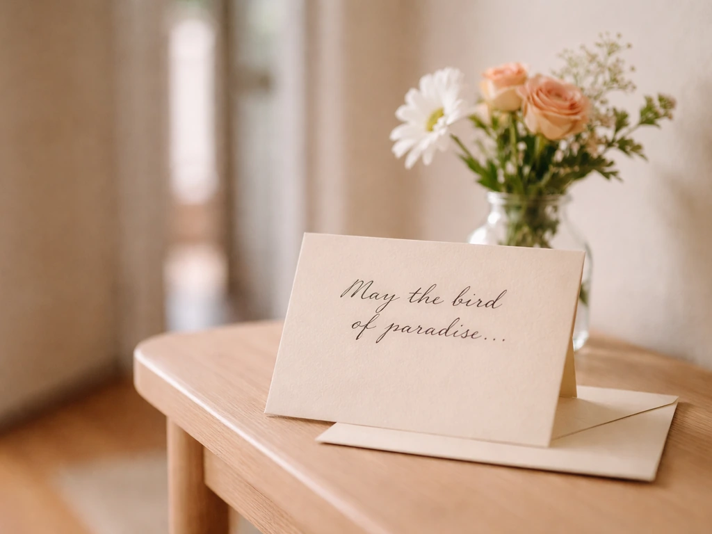 Handwritten blessing card reading “may the bird of paradise find you” beside a bouquet near a doorway.