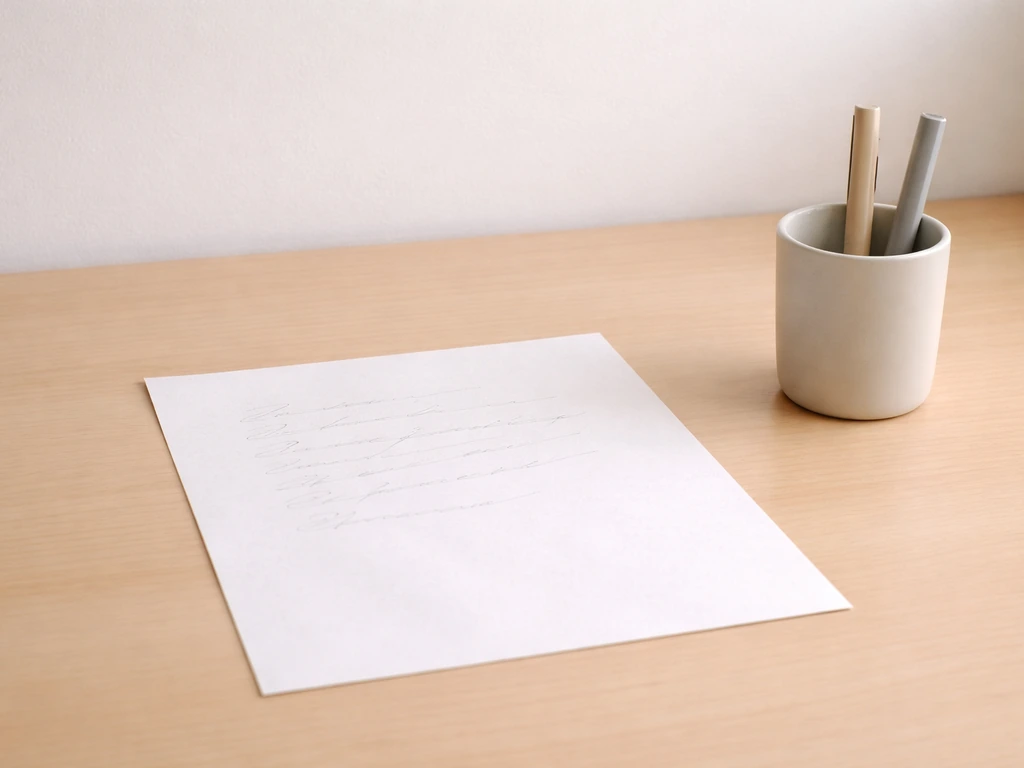 Minimal desk with blank paper and pens, faint non-readable cursive marks suggesting phrase notes.