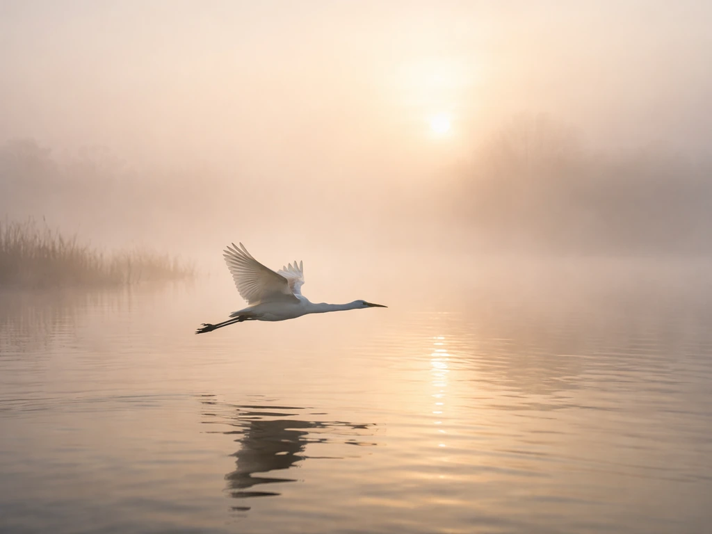 Majestic crane gliding over misty wetland water at sunrise, calm and auspicious good-luck atmosphere.