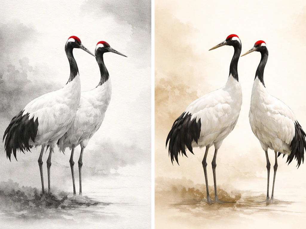 Split-scene of two cranes on a calm ink-wash background, suggesting Japanese and Chinese symbolism nuances.