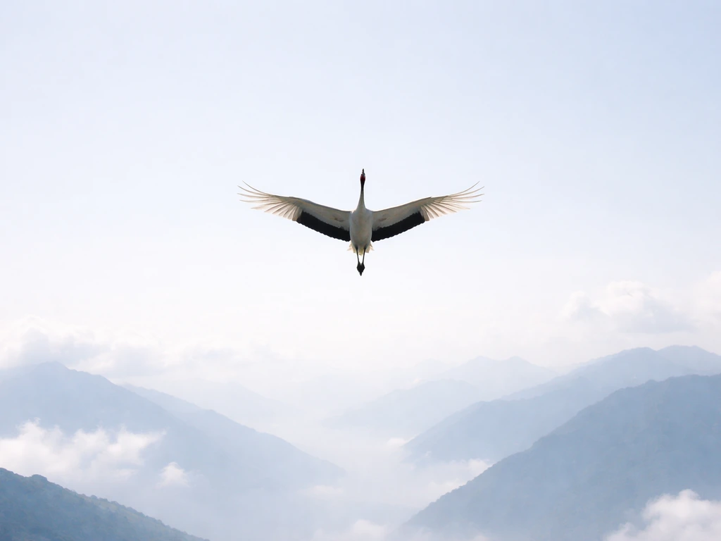 Single crane soaring high above misty mountains under a bright, open sky