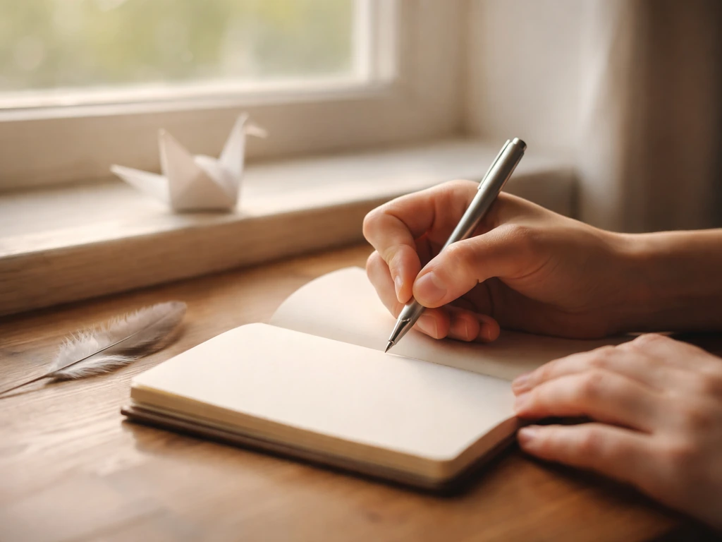 Close-up of hands writing an intention beside a small crane origami on a window ledge