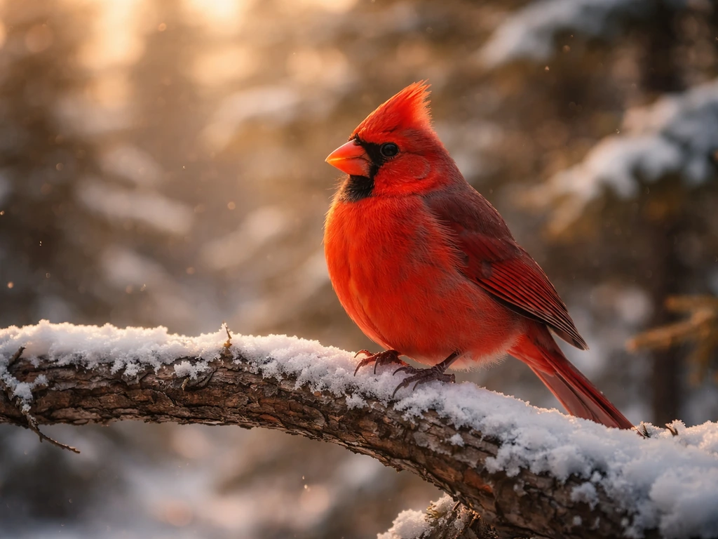 Northern cardinal perched on a snow-dusted branch at golden hour, serene “sign from heaven” mood