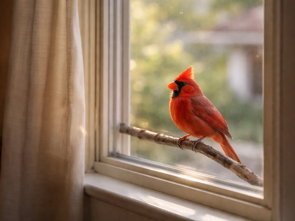 Vivid red cardinal perched on a branch near a sunlit window, suggesting an unexpected omen.
