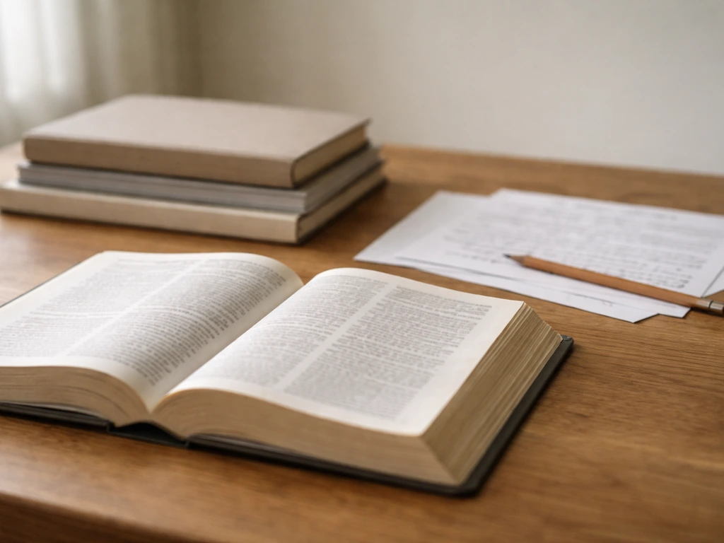 Open Bible on a desk with scattered handwritten notes and a small research stack, no readable text.