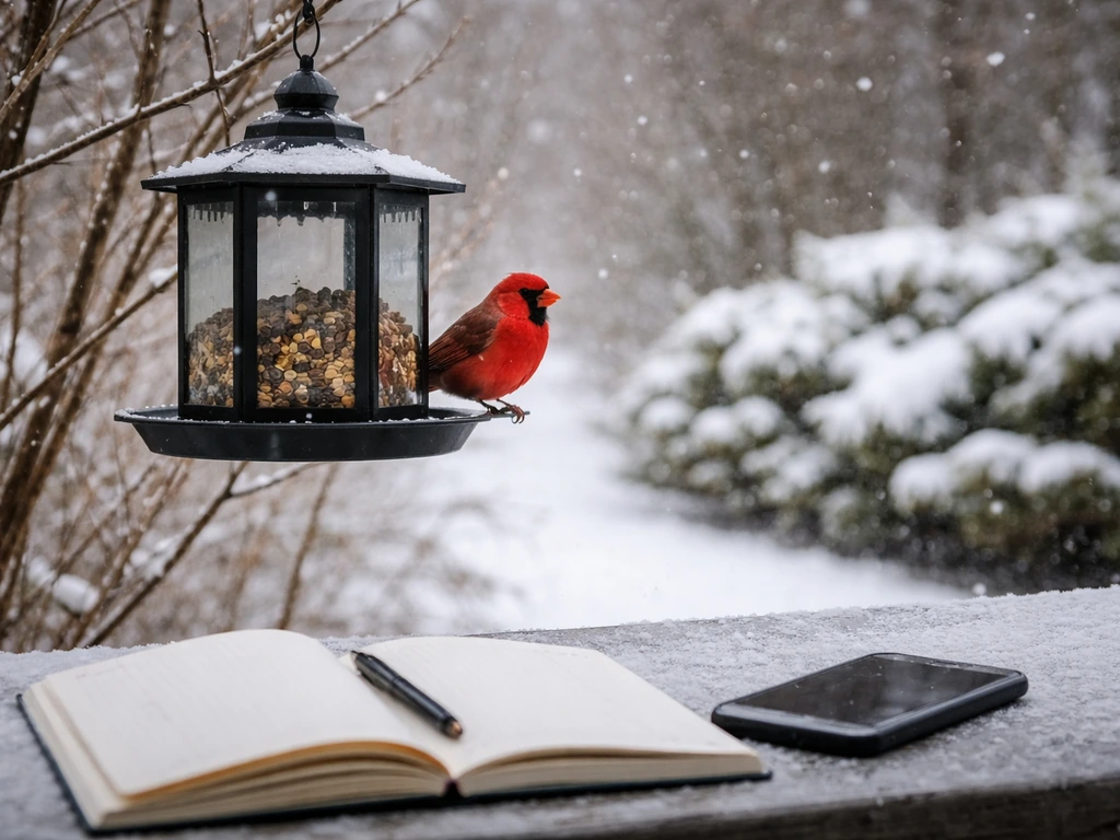 Red cardinal perched at a backyard bird feeder in snowy winter, with a notebook and phone nearby for seasonal tracking.