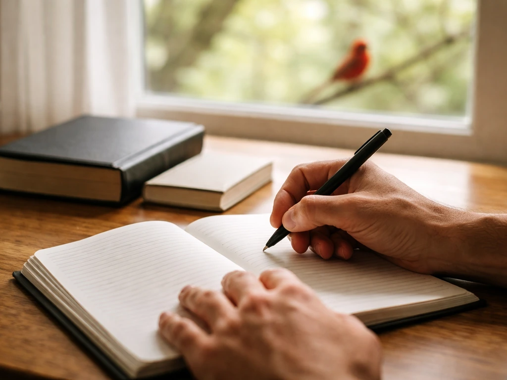 Close-up hands journaling beside a closed Bible and prayer journal by a window with a cardinal outside.