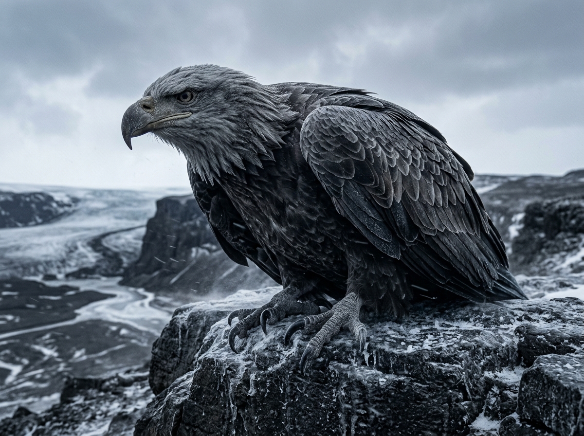 Hræsvelgr depicted as a permanent eagle-shaped jötunn on a northward Helheim ledge.