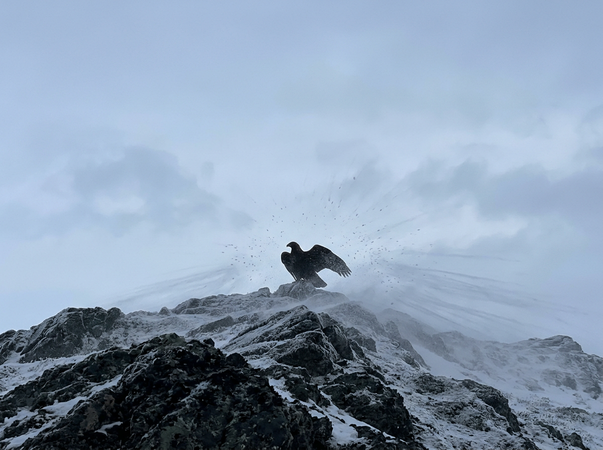 Symbolic wing-and-wind visual: giant eagle presence over icy Helheim, evoking power and the dead realm.
