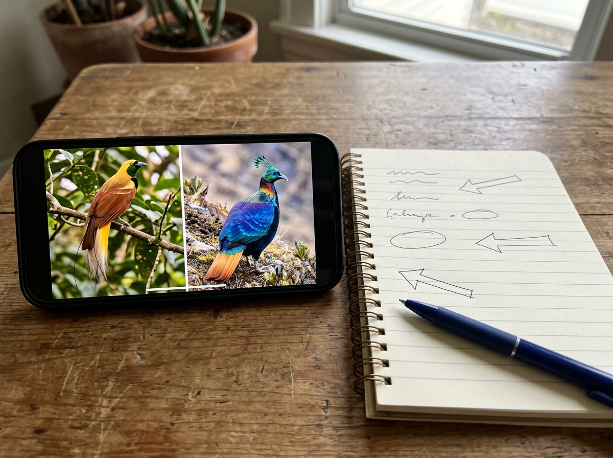 Side-by-side real birds compared on a phone to match phoenix-like traits