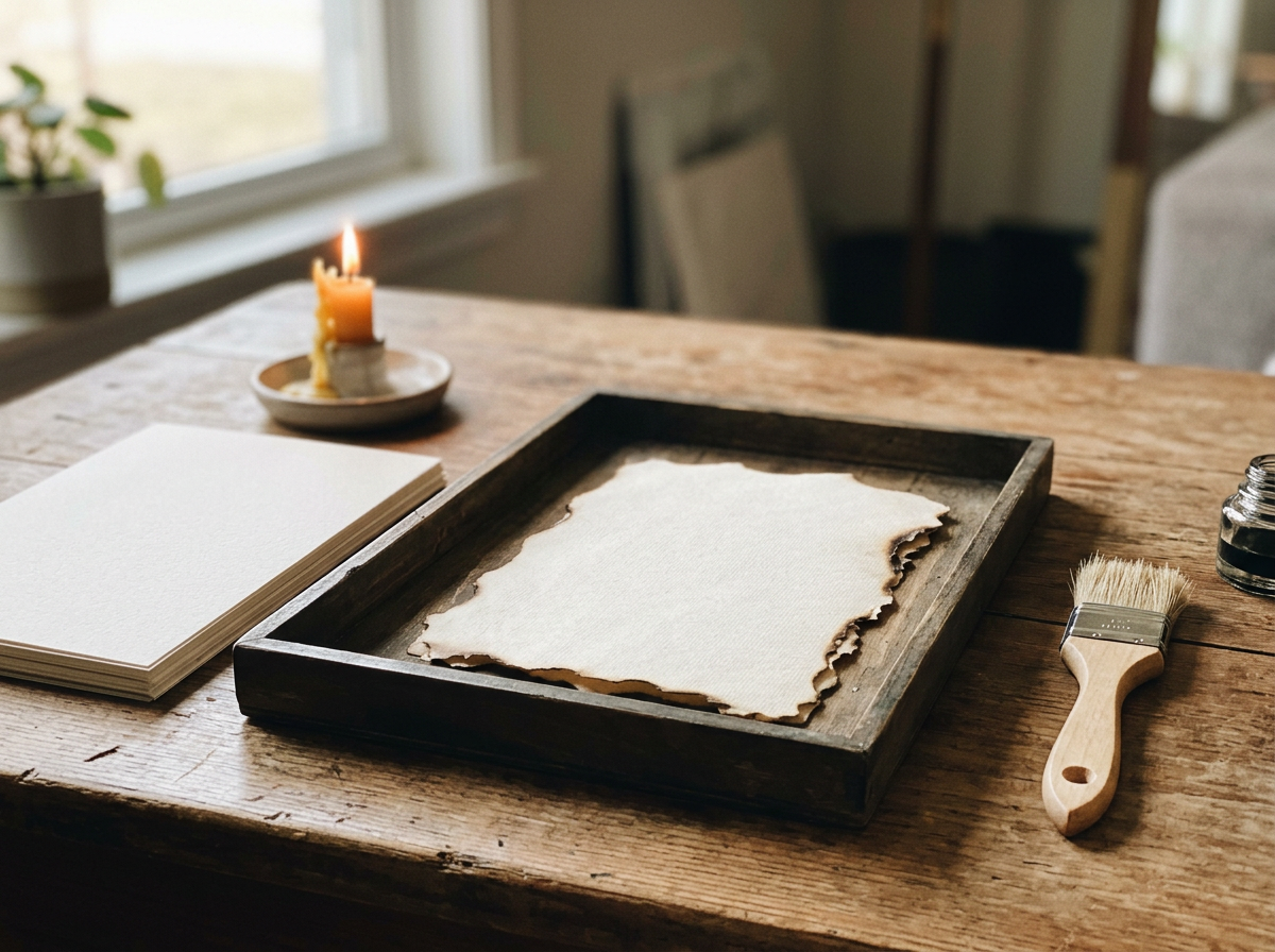 Transition from lightly burned paper edges to fresh blank paper for rebirth symbolism