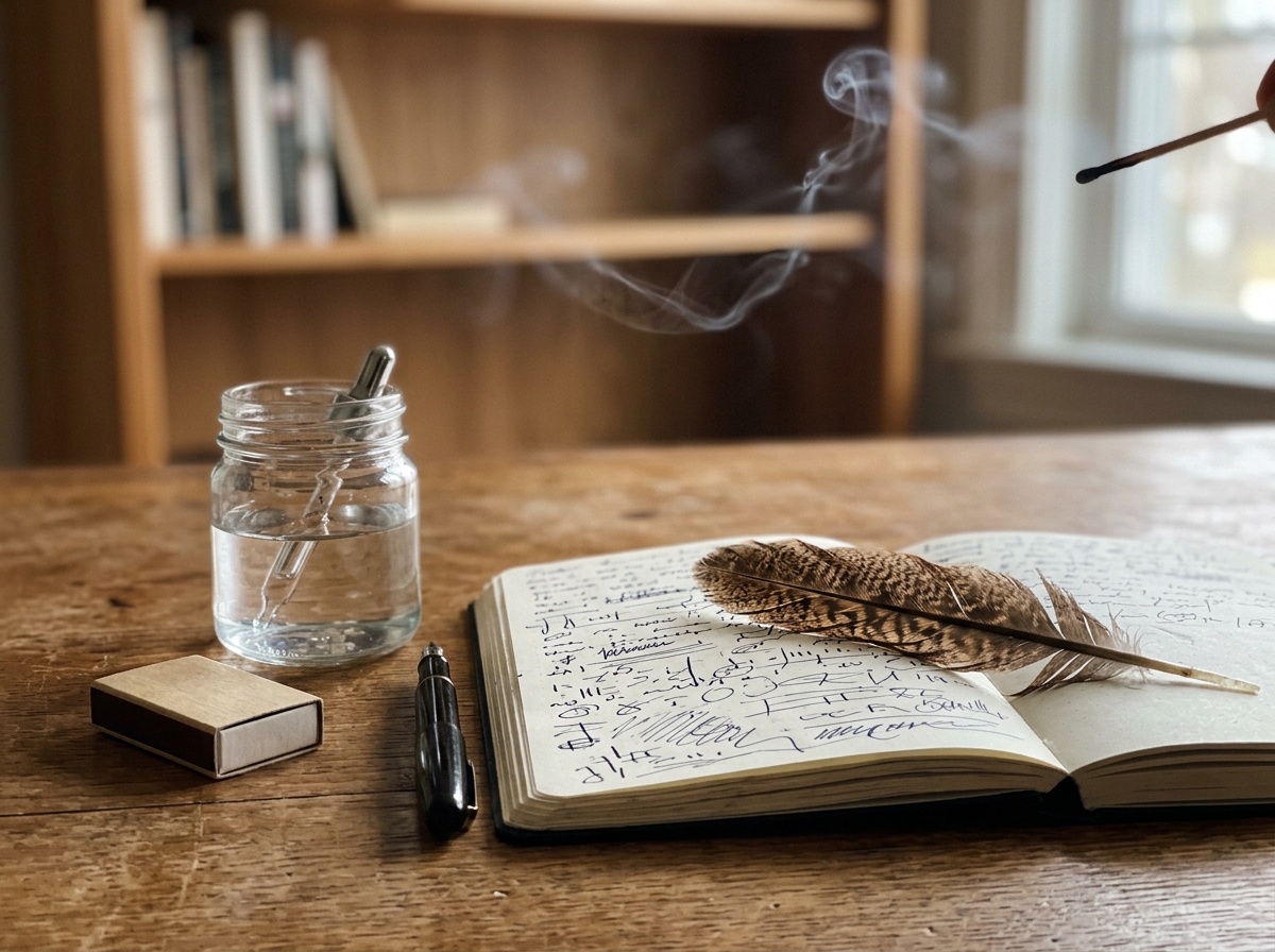 Desk ritual scene with journal, feather, and water jar to apply phoenix symbolism
