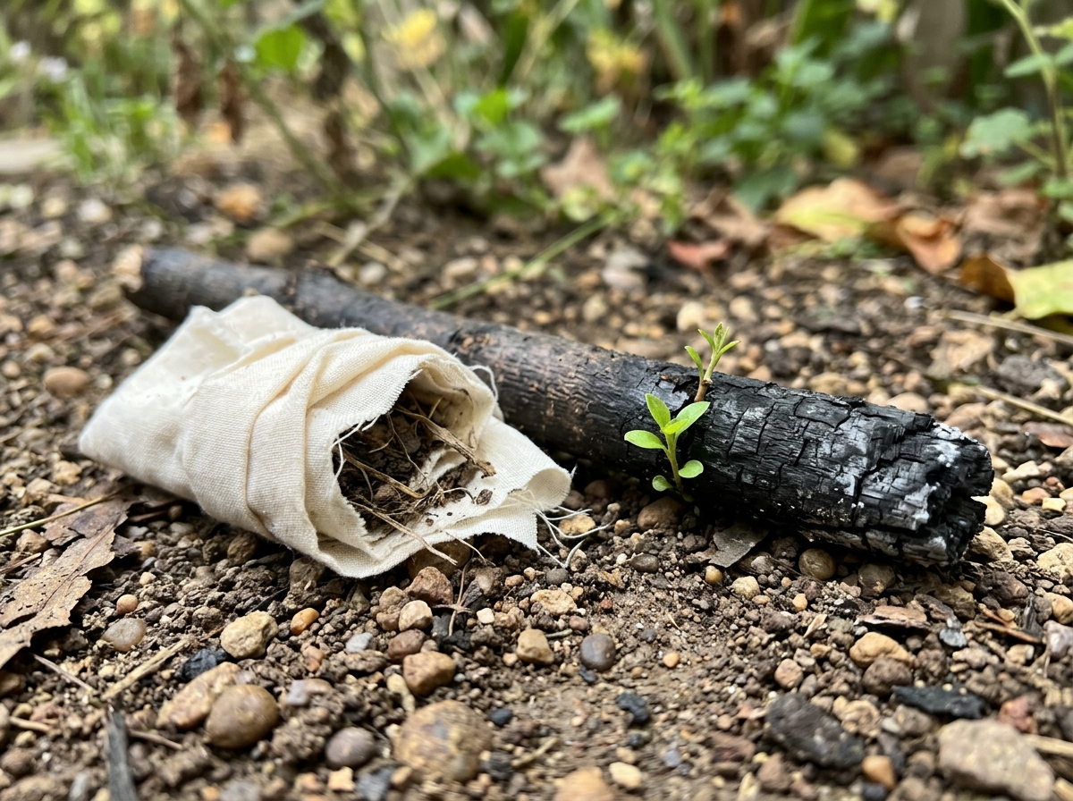 Bird-like rebirth scene with cocoon-like char turning into fresh leaves