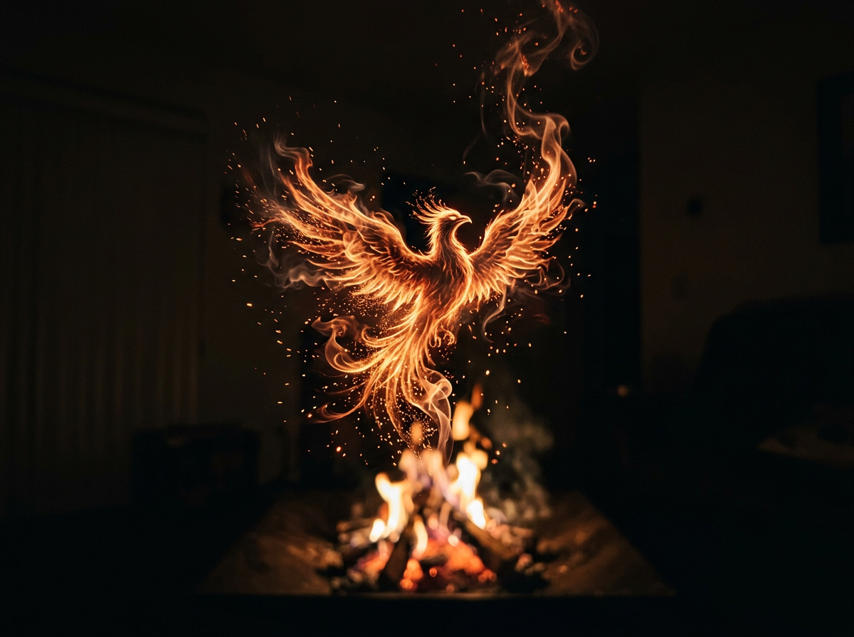 Phoenix-like bird silhouette rising from flames, representing rebirth in a dream