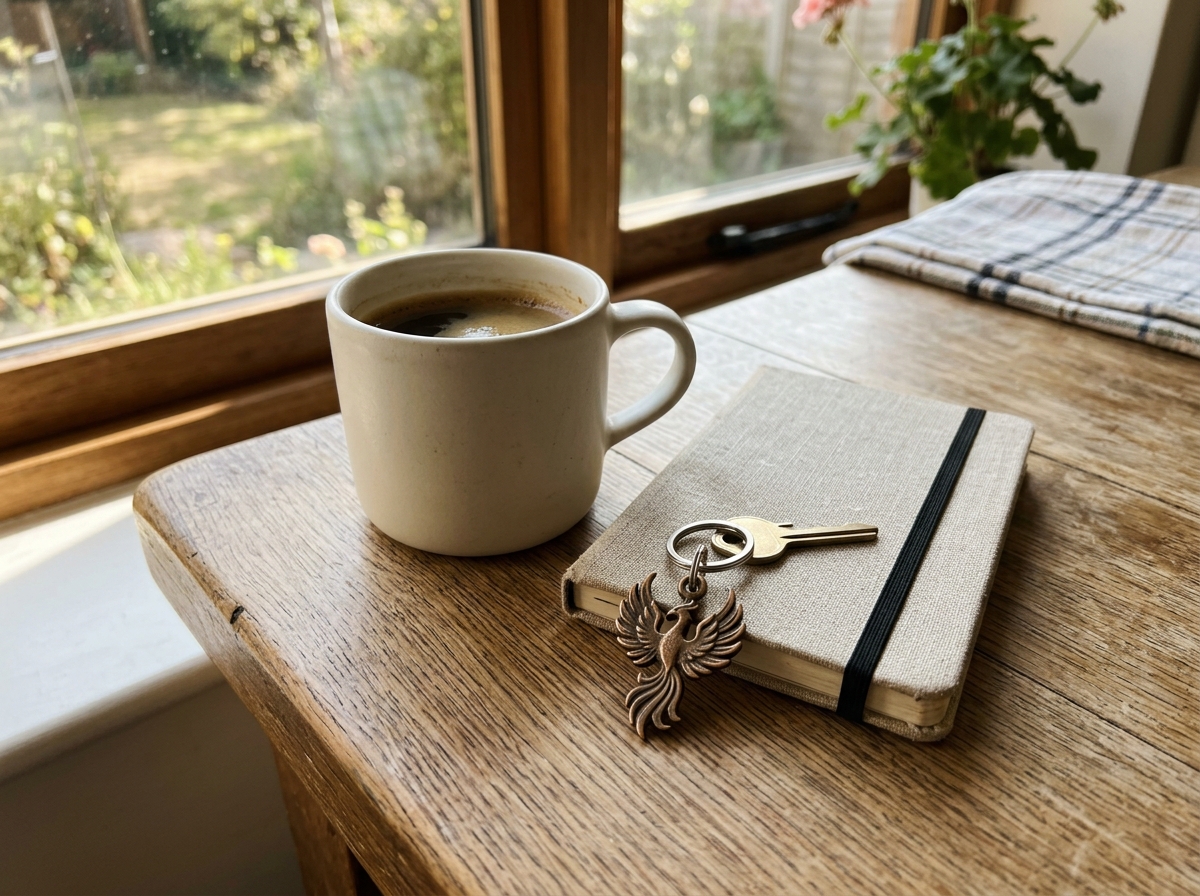 Everyday symbolic moment: phoenix imagery on a plain object like a handwritten journal cover sticker (no text)