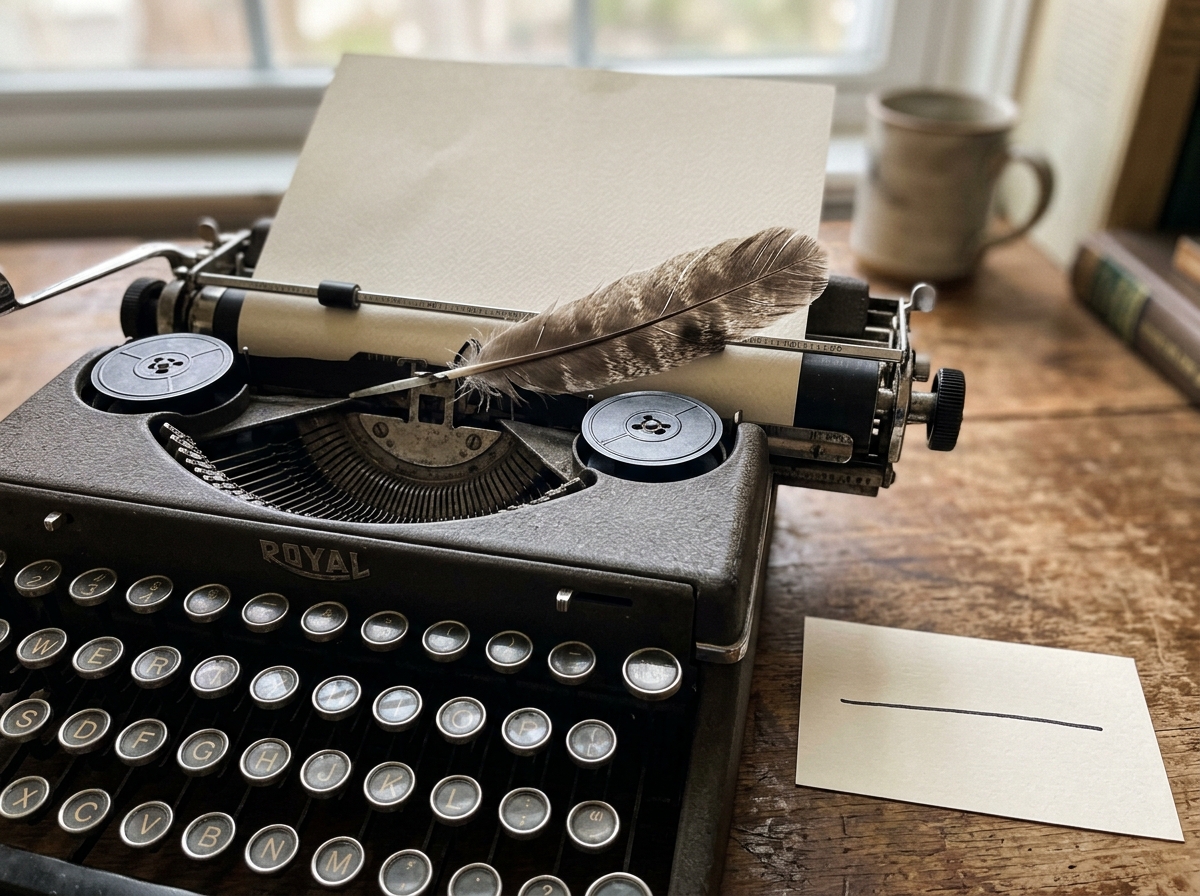 Narration quote vibe: typewriter with feather and small notecard