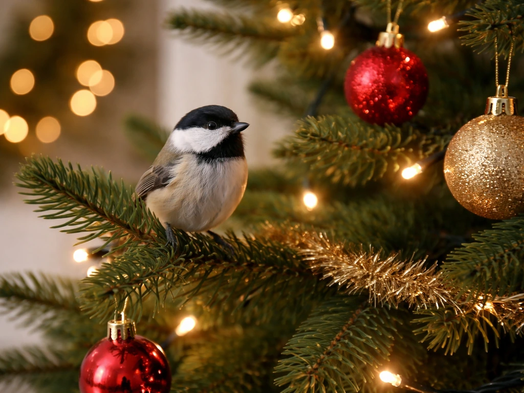 A small bird perched on a decorated Christmas tree with warm holiday lights in the background.