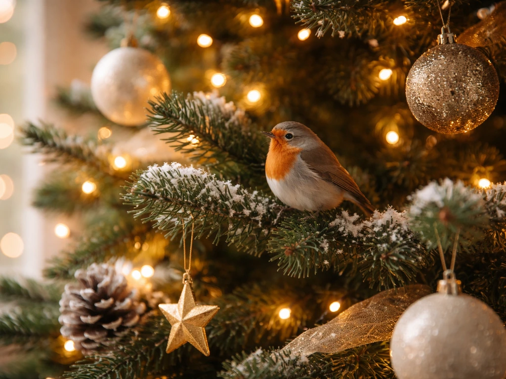 Warm indoor Christmas tree with a small bird perched among ornaments, softly lit with twinkling lights.
