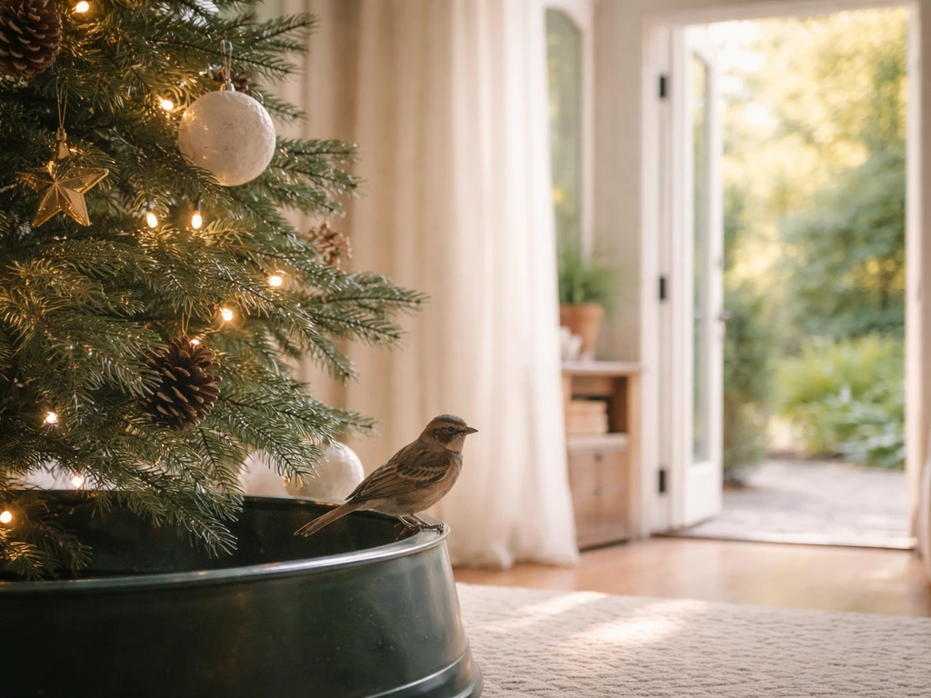 A small wild bird calmly perched near a Christmas tree by an open door showing a clear way out.
