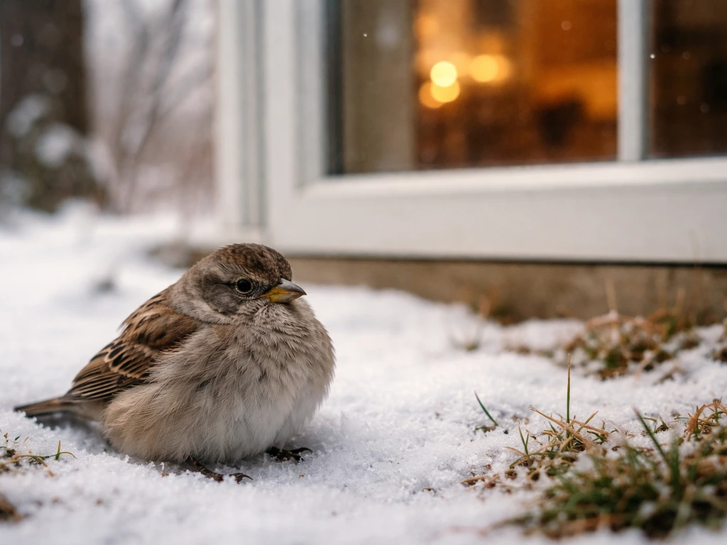 Small bird sitting dazed near a window after a collision, kept at a safe distance