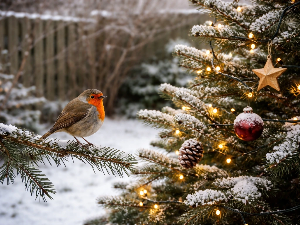 A small bird perched near an outdoor Christmas tree, healthy and still, in a quiet winter yard.