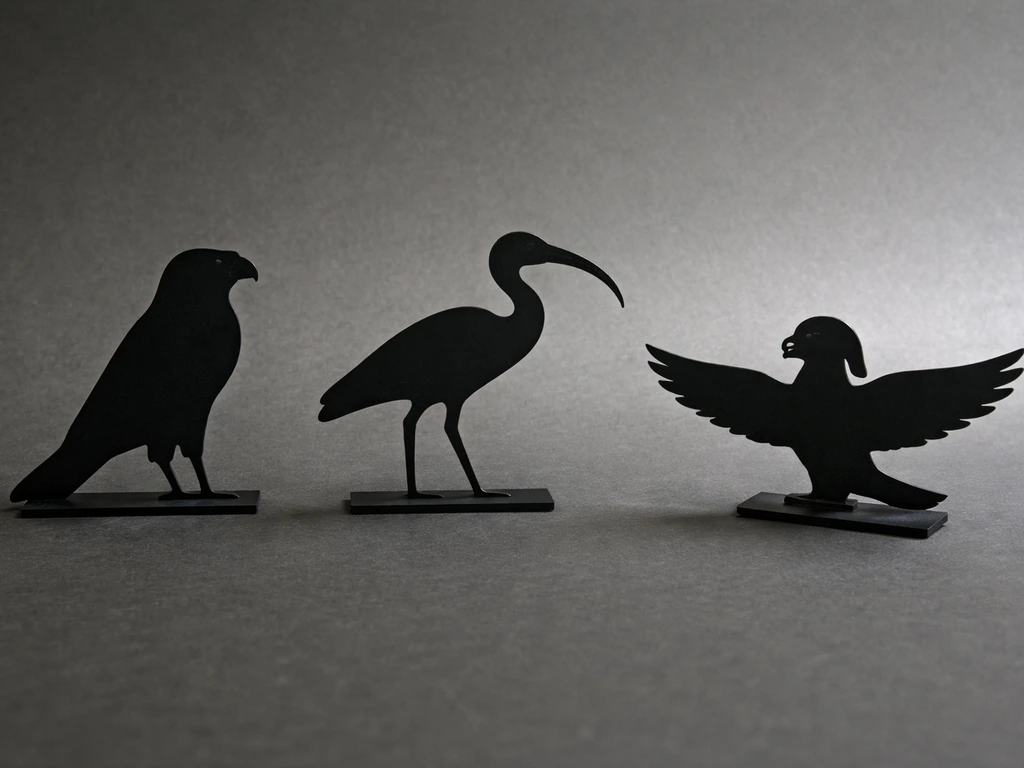 Minimal silhouettes of Egyptian birds—falcon, ibis, and ba-bird—on a neutral background.