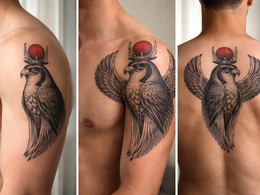 Tattoo placement mockups showing an Egyptian falcon style tattoo on upper arm, chest, and back.